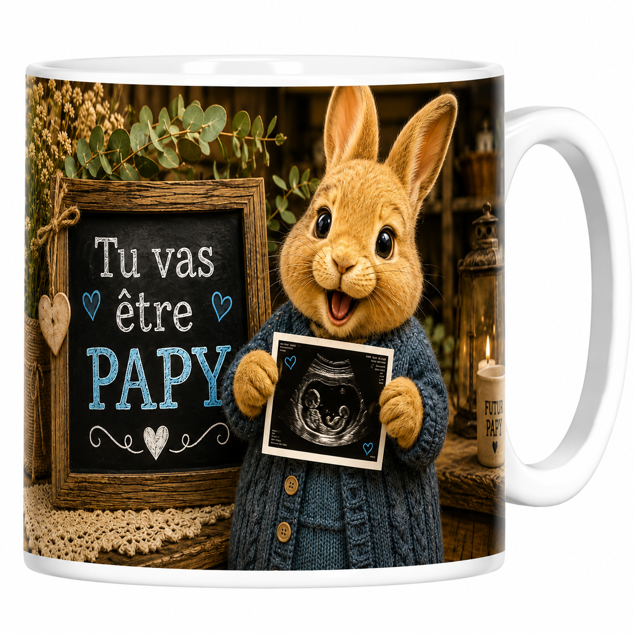 Mug lapin Tu vas être Papy en céramique blanche, échographie présentée et ardoise à la craie