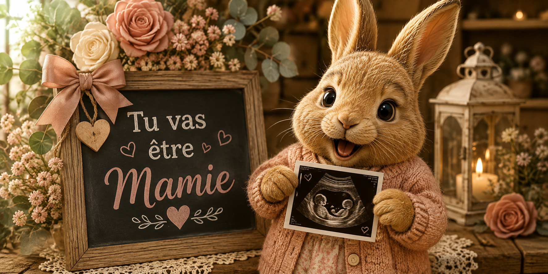 Visuel lapine émue en gilet rose tenant l'échographie, ardoise Tu vas être Mamie, roses et lanterne