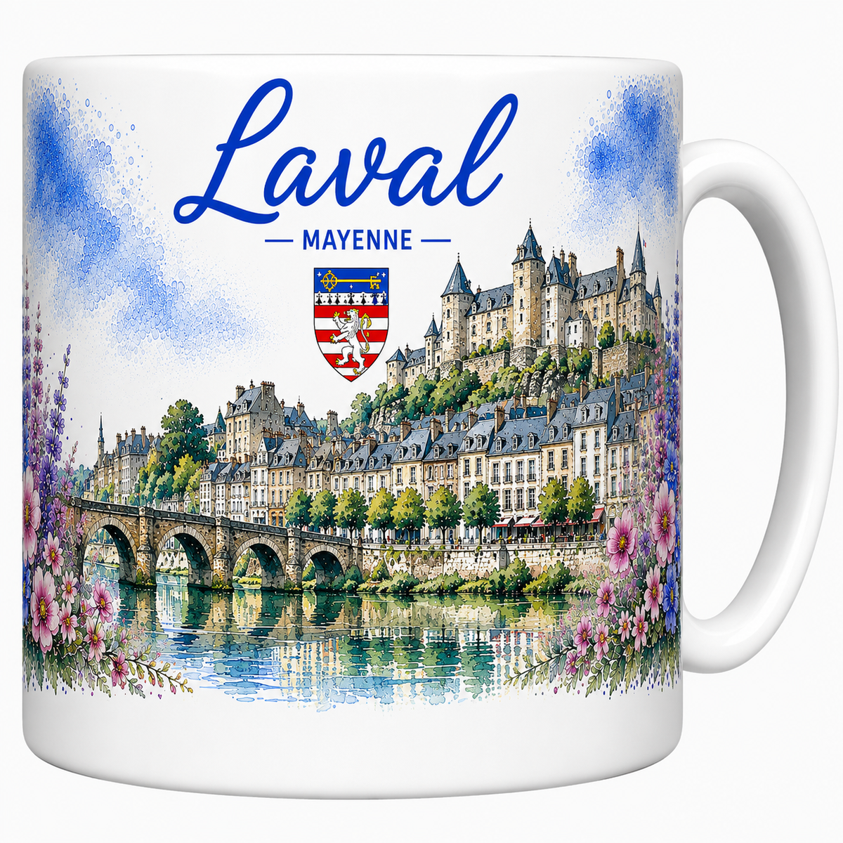 Mug céramique blanc Laval Mayenne : château médiéval, Pont Vieux sur la Mayenne et blason en aquarelle