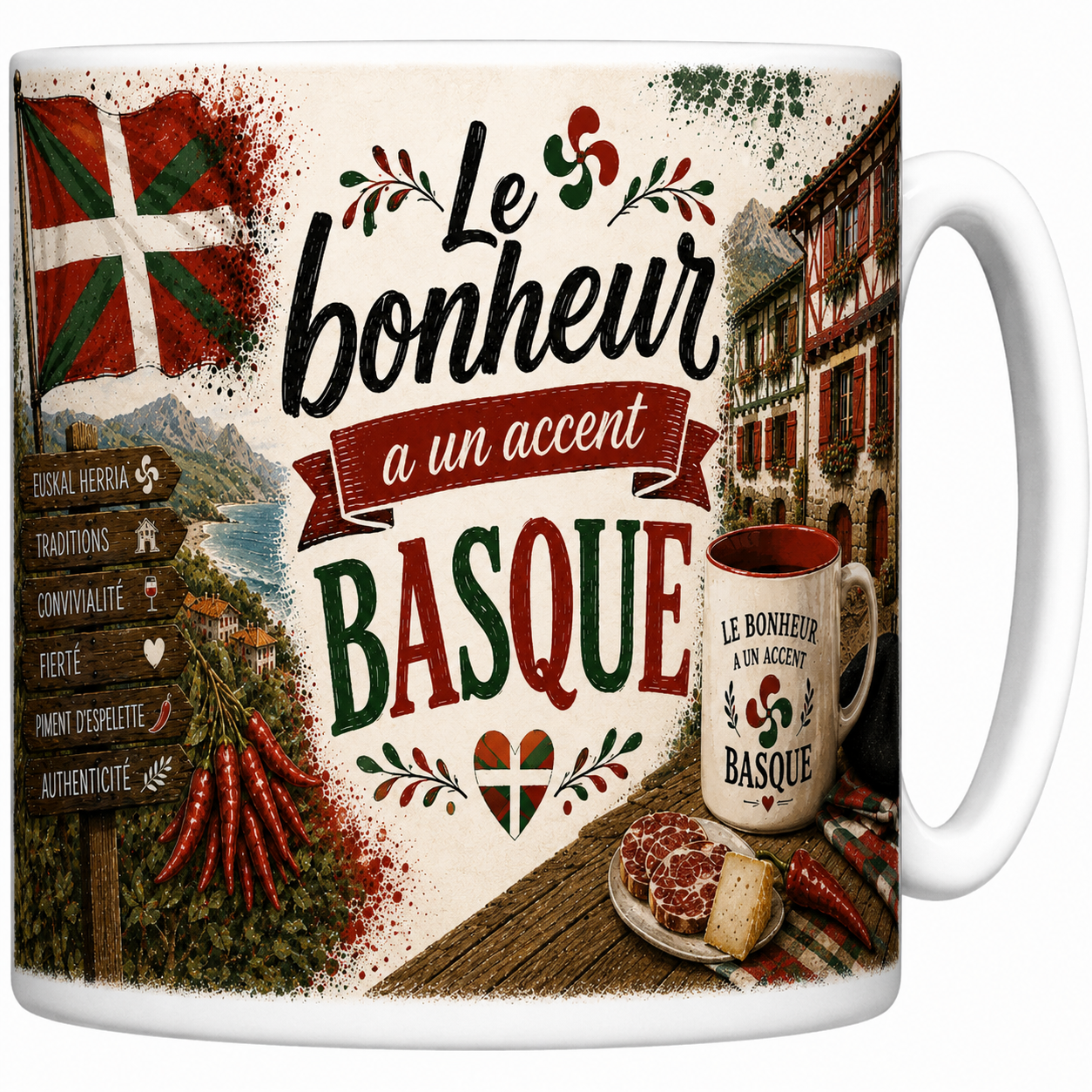 Mug Le bonheur a un accent basque en céramique, ikurriña, lauburu et village basque