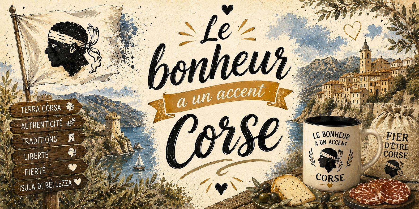 Visuel Le bonheur a un accent corse : village perché, tour génoise, voilier, brocciu et charcuterie