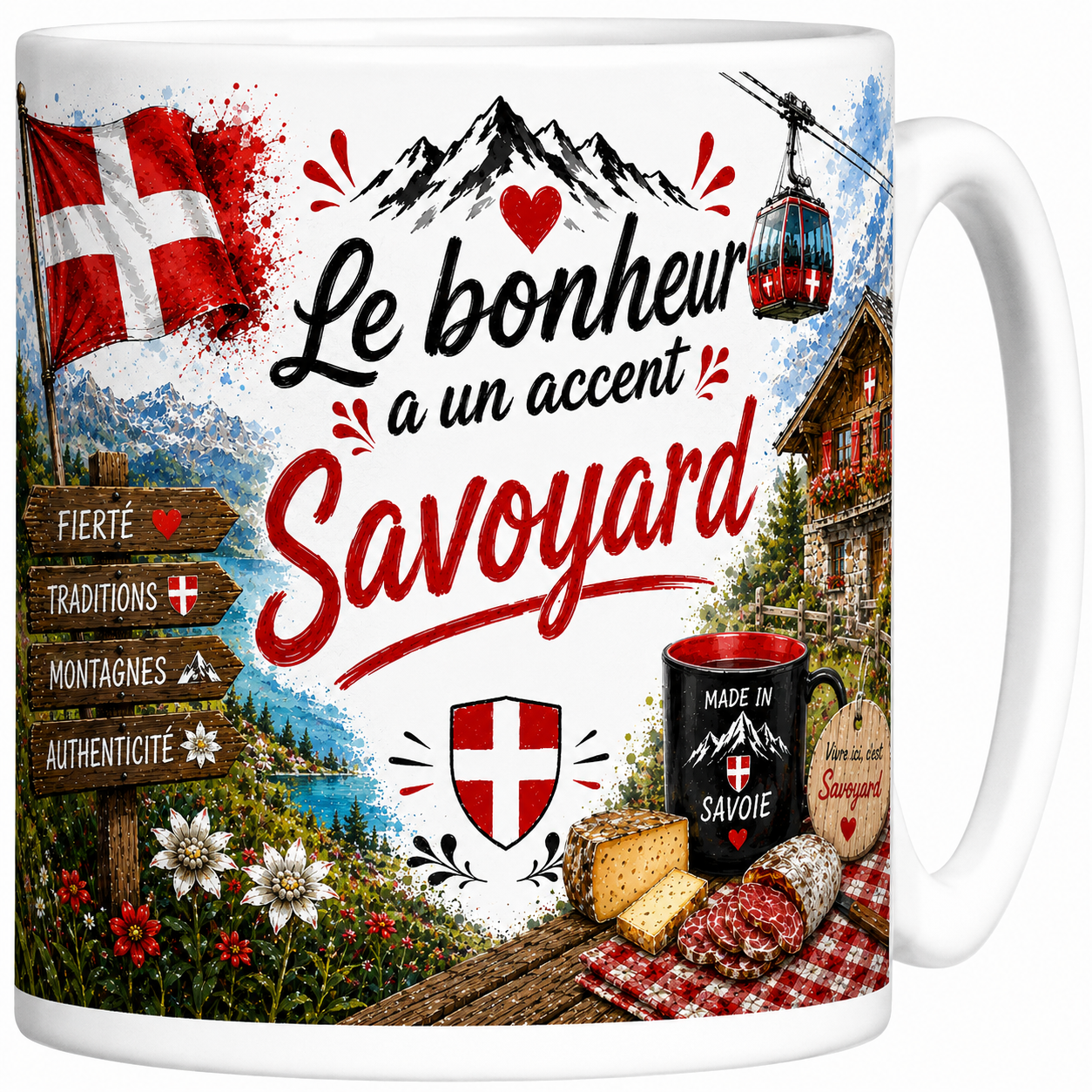 Mug Le bonheur a un accent savoyard en céramique, croix de Savoie, chalet fleuri et fromages