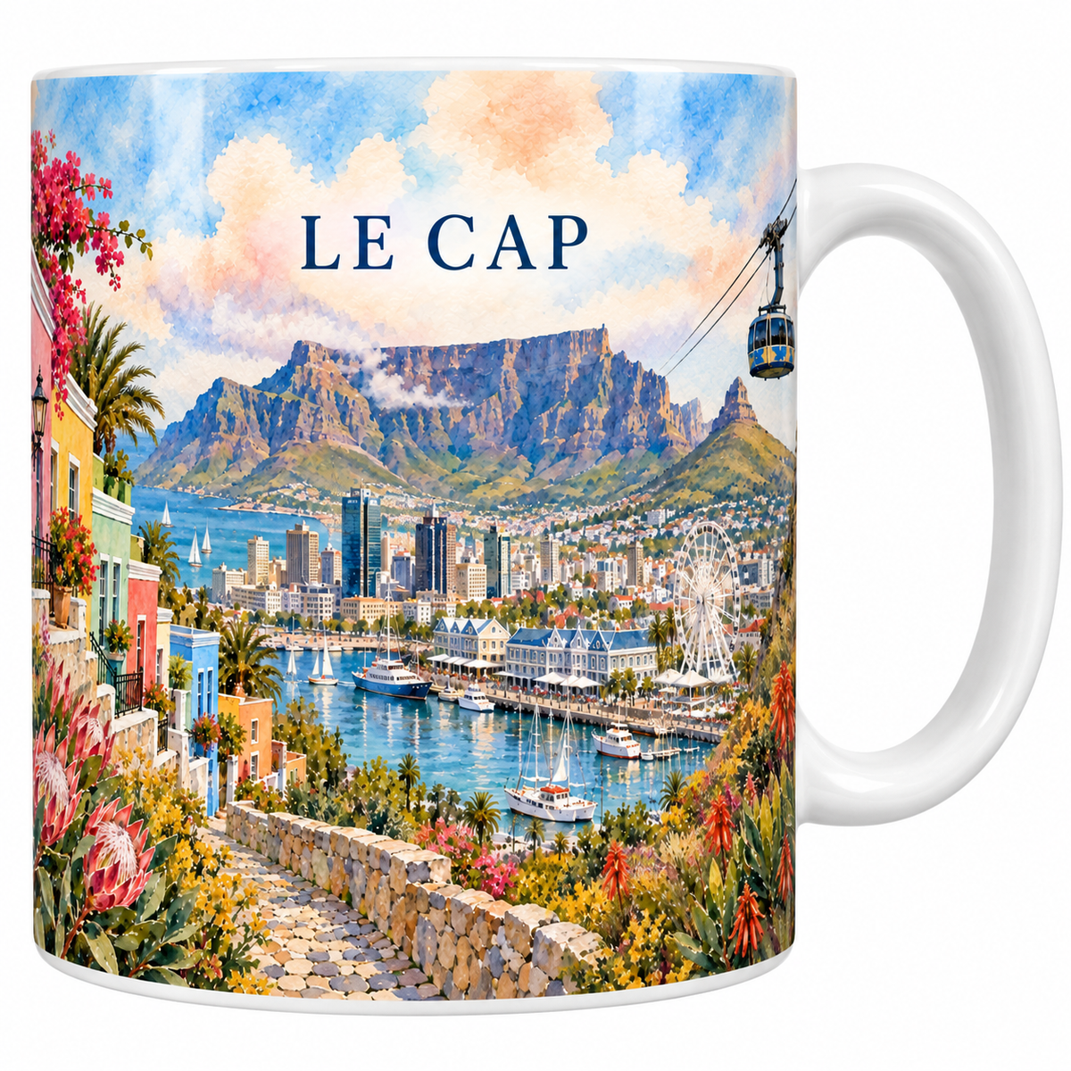Mug en céramique blanche 330 ml illustré à l'aquarelle du Cap : la montagne de la Table, le téléphérique, le port et les maisons colorées de Bo-Kaap