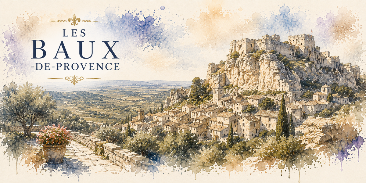Visuel Les Baux-de-Provence aquarelle : citadelle sur la falaise calcaire, cyprès et vignes des Alpilles