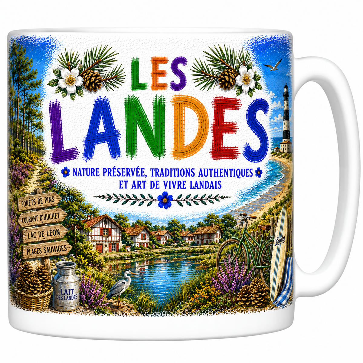 Mug céramique blanc Les Landes : phare, plage océane, forêt de pins et surf en mosaïque colorée