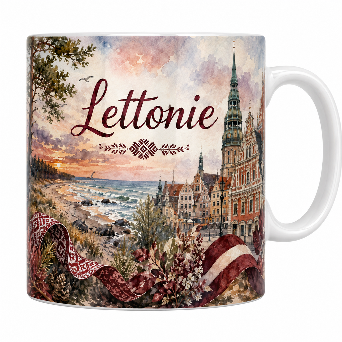 Mug céramique 330 ml Lettonie aquarelle : maison des Têtes noires à Riga et plage de la Baltique