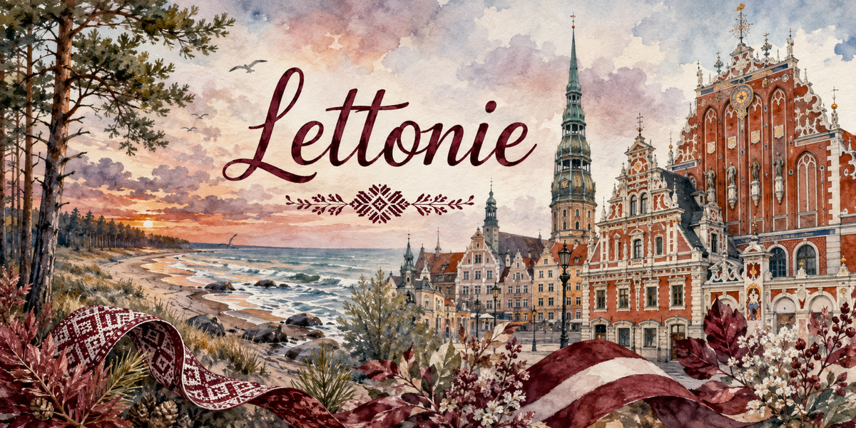 Visuel Lettonie aquarelle : façade de brique de Riga, clocher Saint-Pierre, plage balte et broderies