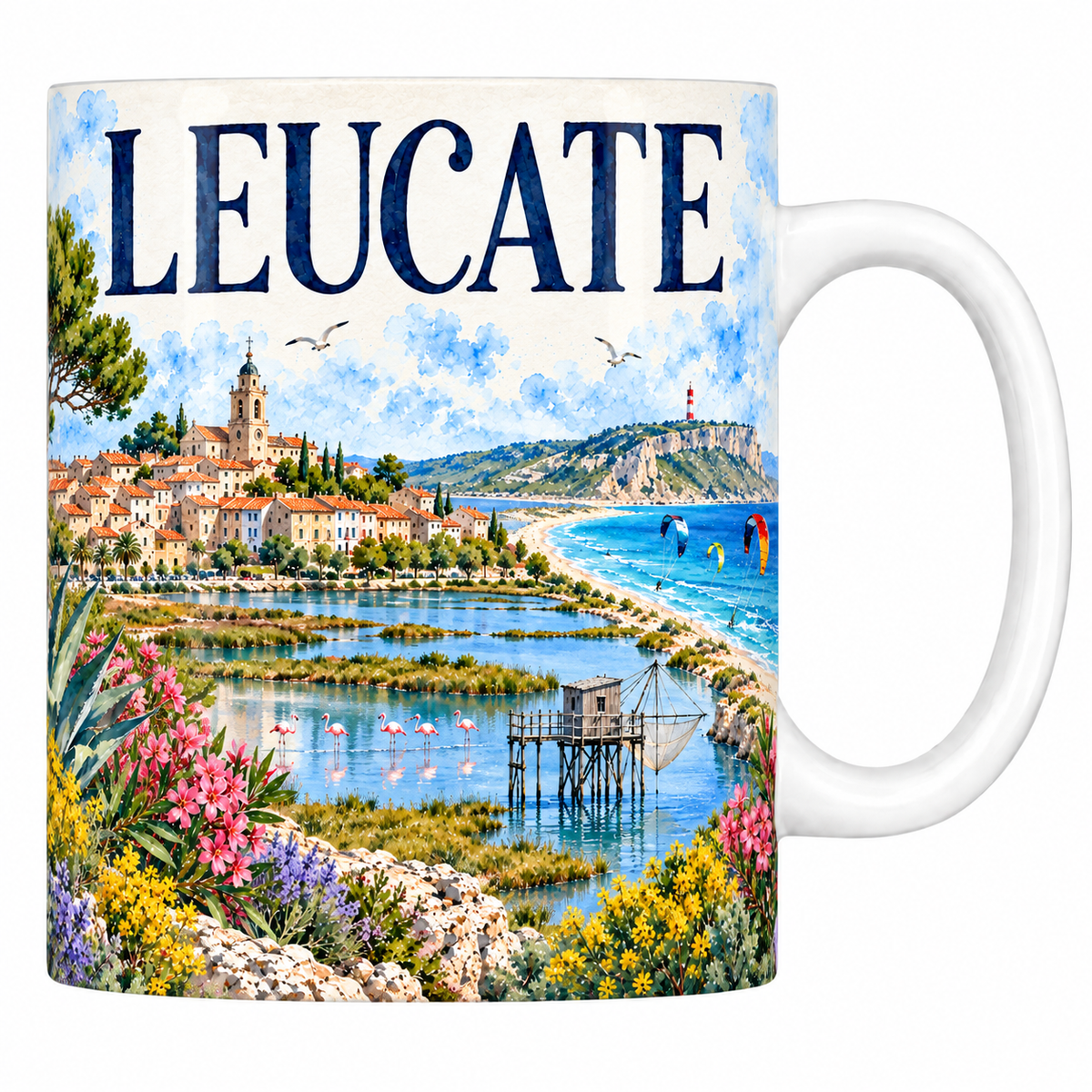 Mug en céramique blanche 330 ml illustré à l'aquarelle du village de Leucate, de son étang et du lido