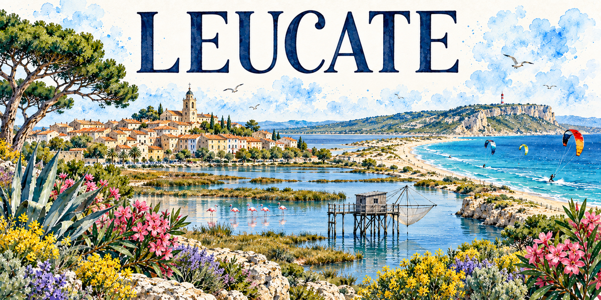 Aquarelle de Leucate : pin parasol, village perché, cabane de pêcheur sur pilotis, kitesurfs et lido de sable