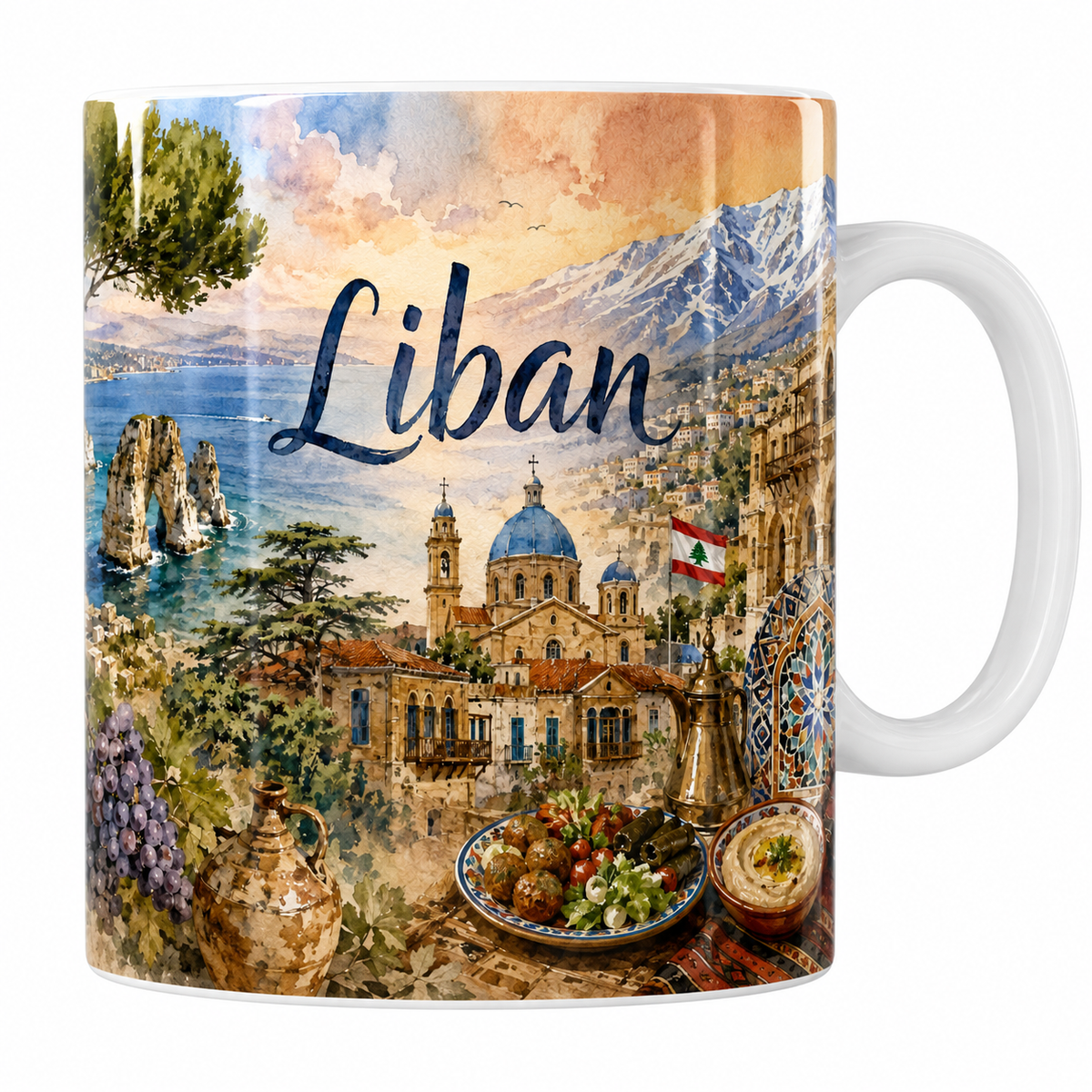 Mug céramique 330 ml Liban aquarelle : cèdre, Baalbek et rochers de Raouché