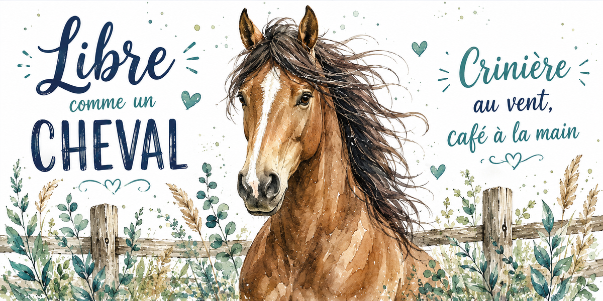Cheval bai à la crinière au vent à l'aquarelle : « Libre comme un cheval. Crinière au vent, café à la main »