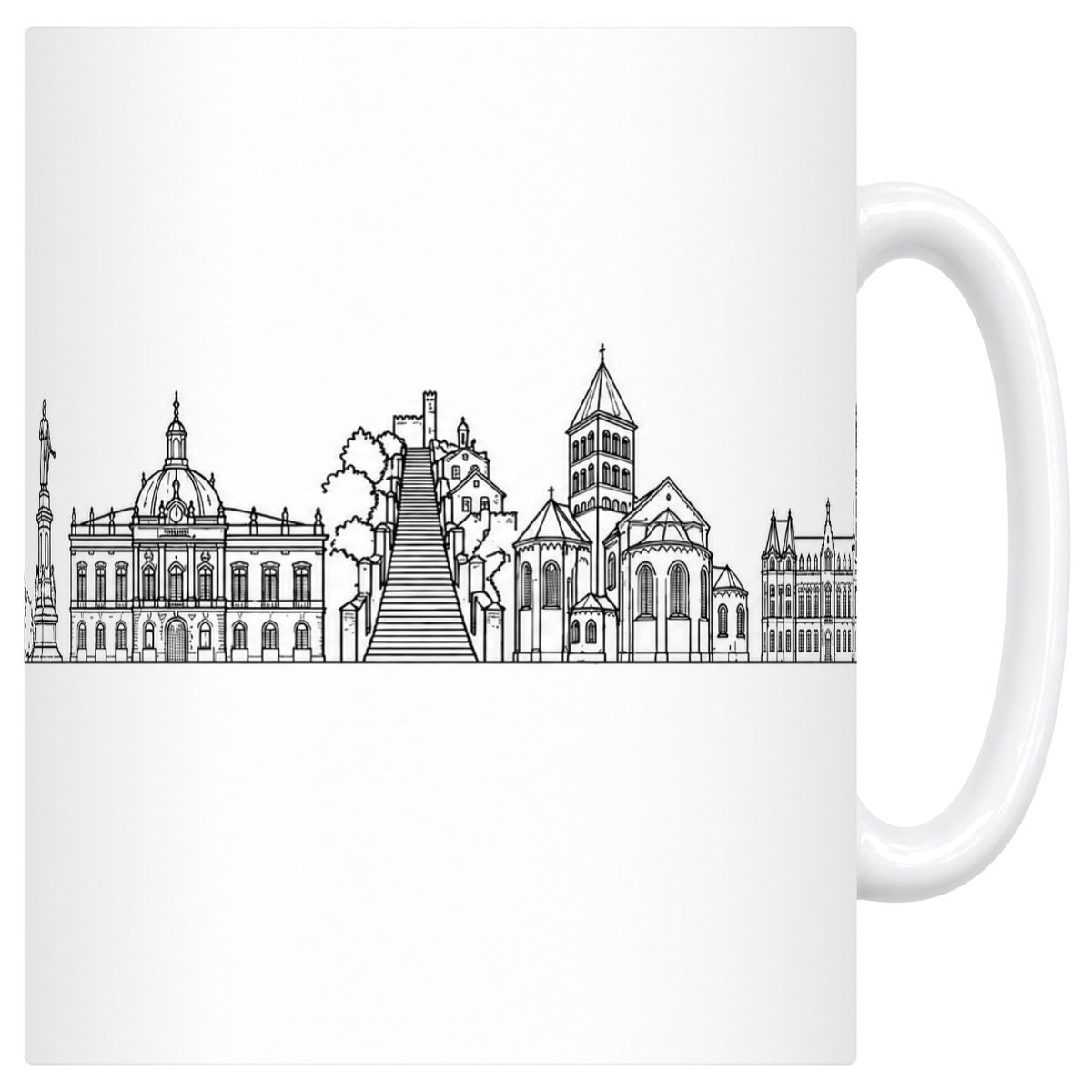 Mug blanc en céramique 330 ml illustré du skyline de Liège au trait noir : la colonne à statue, l'opéra à coupole, l'escalier de la Montagne de Bueren et les églises du centre