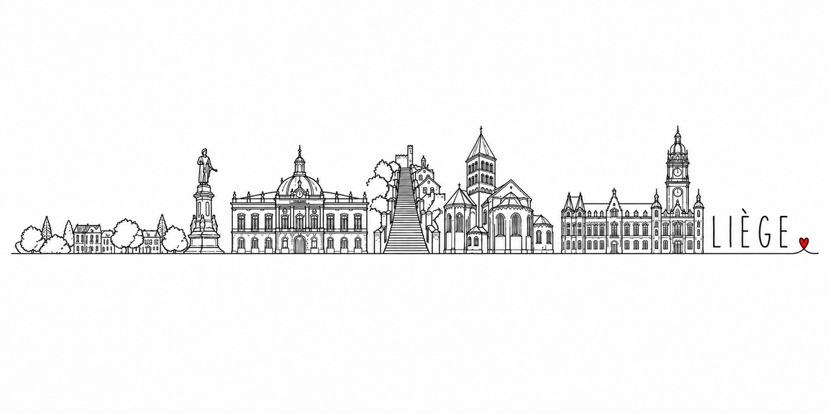 Skyline de Liège dessiné au trait noir continu, de gauche à droite : les arbres et les maisons, la colonne surmontée d'une statue, l'opéra à coupole et fronton, l'escalier de la Montagne de Bueren dans sa verdure, la collégiale romane et sa tour, l'église gothique et son chevet, le grand édifice à tour-horloge — avec le nom LIÈGE en capitales espacées et un petit cœur rouge
