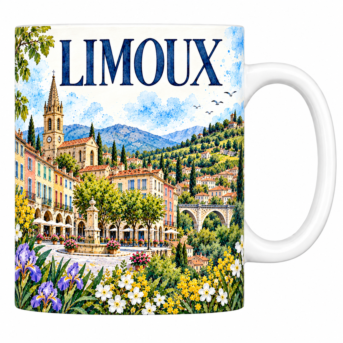 Mug blanc en céramique 330 ml illustré Limoux à l'aquarelle : la flèche de Saint-Martin, les arcades de la place et les vignes