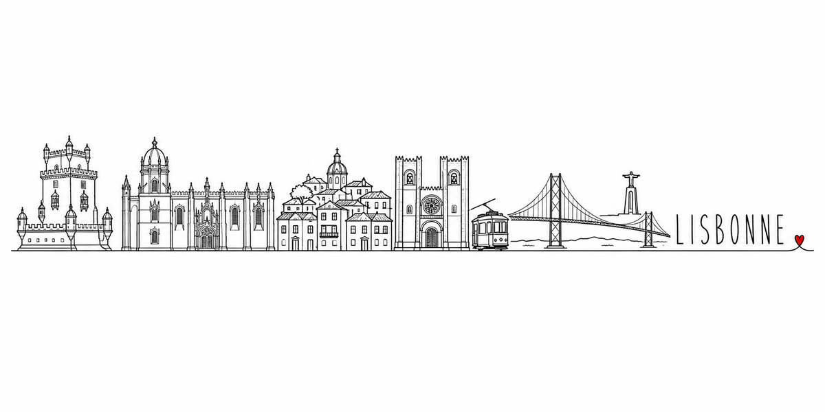 Skyline de Lisbonne dessiné au trait noir continu, de gauche à droite : tour de Belém et ses échauguettes, monastère des Hiéronymites, maisons de l'Alfama et coupole, cathédrale Sé à deux tours, tram 28, pont du 25-Avril et Cristo Rei — avec le nom LISBONNE en capitales espacées et un petit cœur rouge
