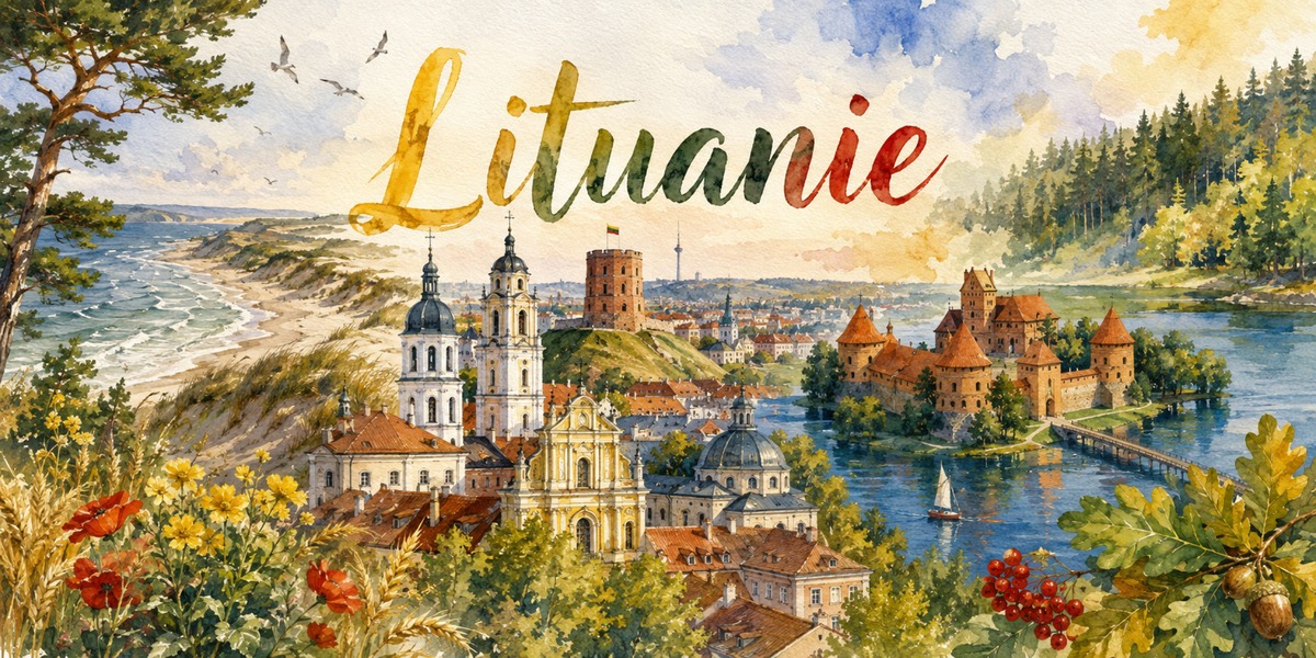 Visuel Lituanie aquarelle : campanile de Vilnius, tour de Gediminas et château rouge de Trakai