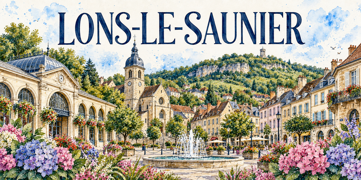 Lons-le-Saunier en aquarelle : halle à verrière, clocher, fontaine, façades à arcades et coteaux du Jura