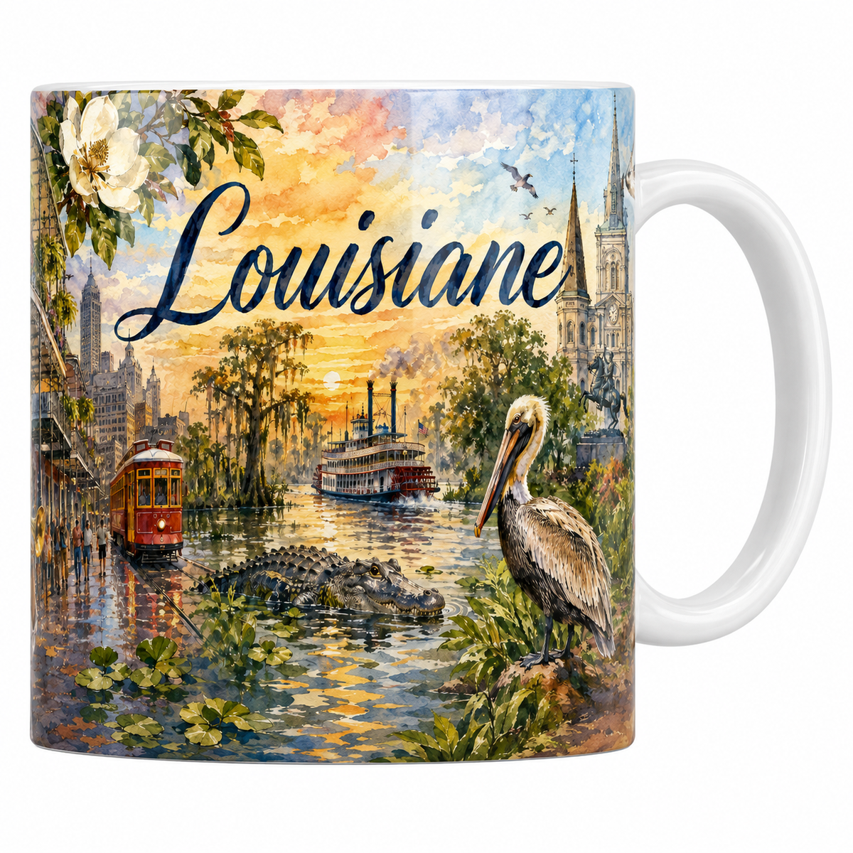 Mug céramique 330 ml Louisiane aquarelle : balcons du Vieux Carré, tramway rouge et pélican brun