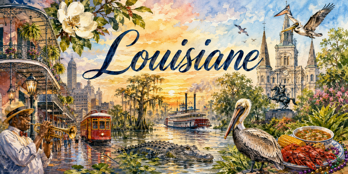 Visuel Louisiane aquarelle : cathédrale Saint-Louis, bayou aux cyprès, alligator et jazzman