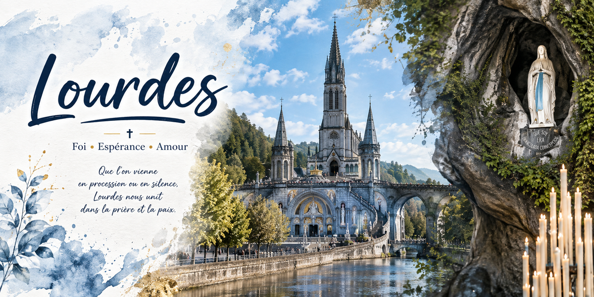 Design du mug Lourdes : basilique Notre-Dame-du-Rosaire, grotte mariale et citation « Lourdes nous unit »