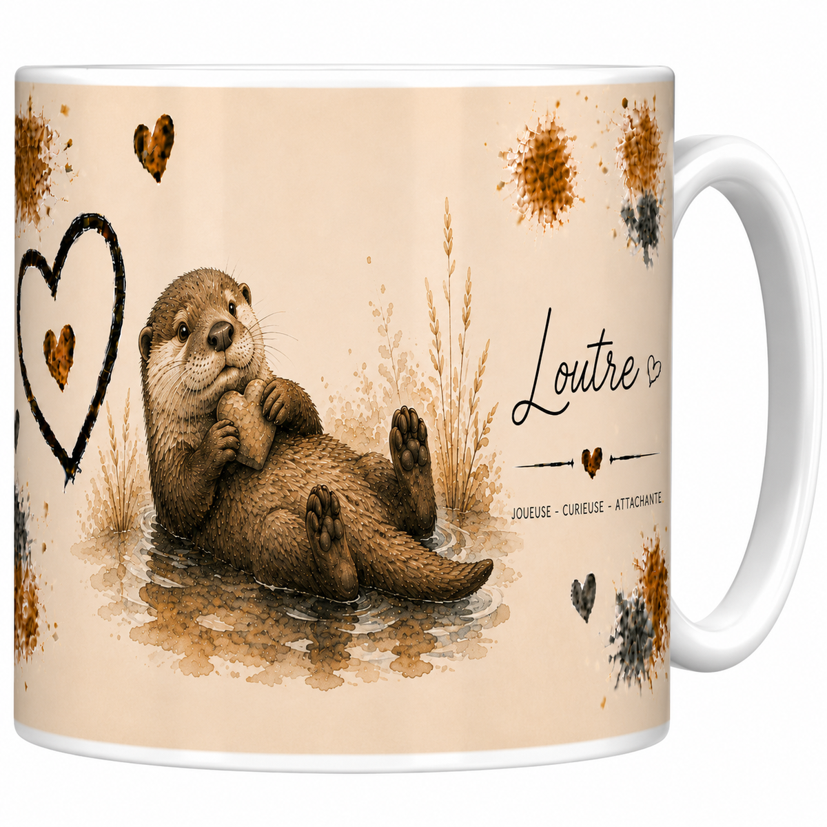 Mug céramique blanc Loutre « Joueuse, curieuse, attachante » : loutre sur le dos dans l'eau, grand cœur