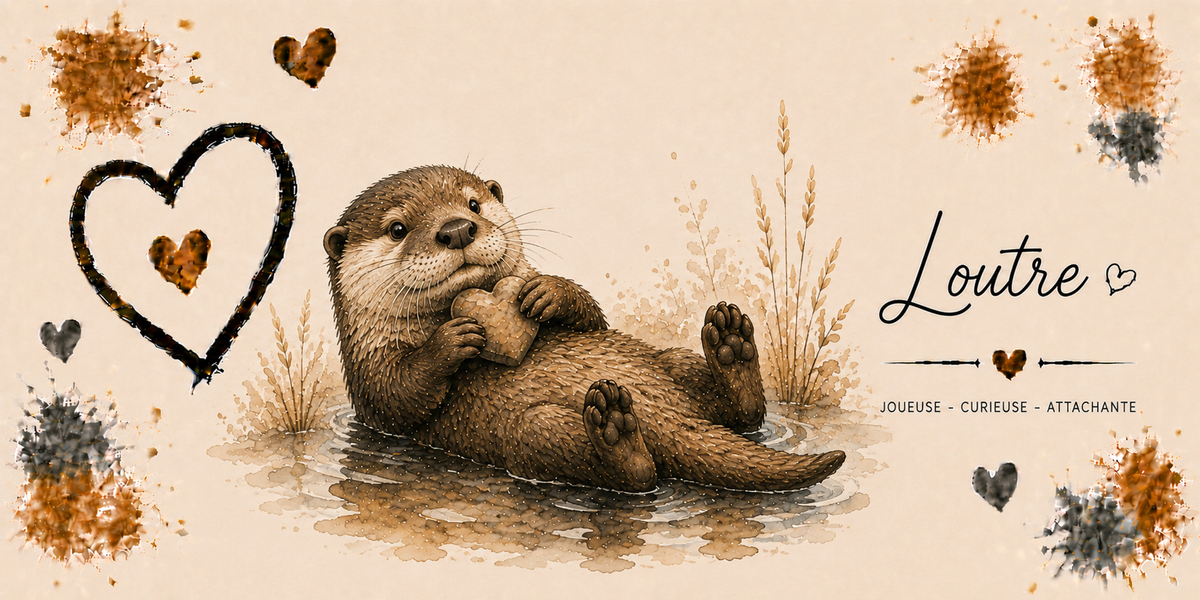Design du mug Loutre : loutre flottant sur le dos, gravure sépia, cœur noir esquissé et éclats dorés