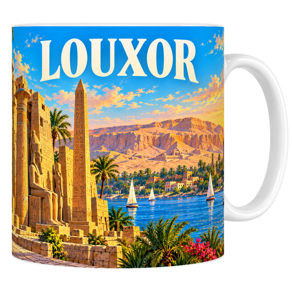 Mug en céramique blanc 330 ml, affiche Louxor : colosses de Ramsès II, obélisque, felouques et Nil