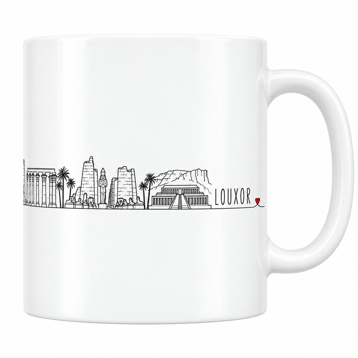 Mug blanc en céramique 330 ml illustré du skyline de Louxor au trait noir : colonnade papyriforme, ruines de Karnak, palmiers et temple à terrasses d'Hatchepsout au pied de la falaise