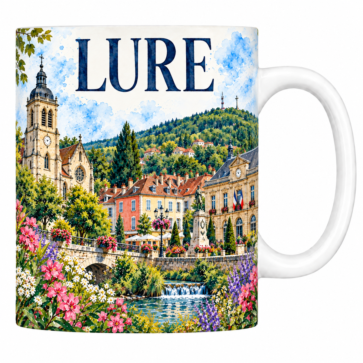 Mug blanc en céramique 330 ml illustré Lure à l'aquarelle : l'église, le pont sur l'Ognon et sa chute d'eau