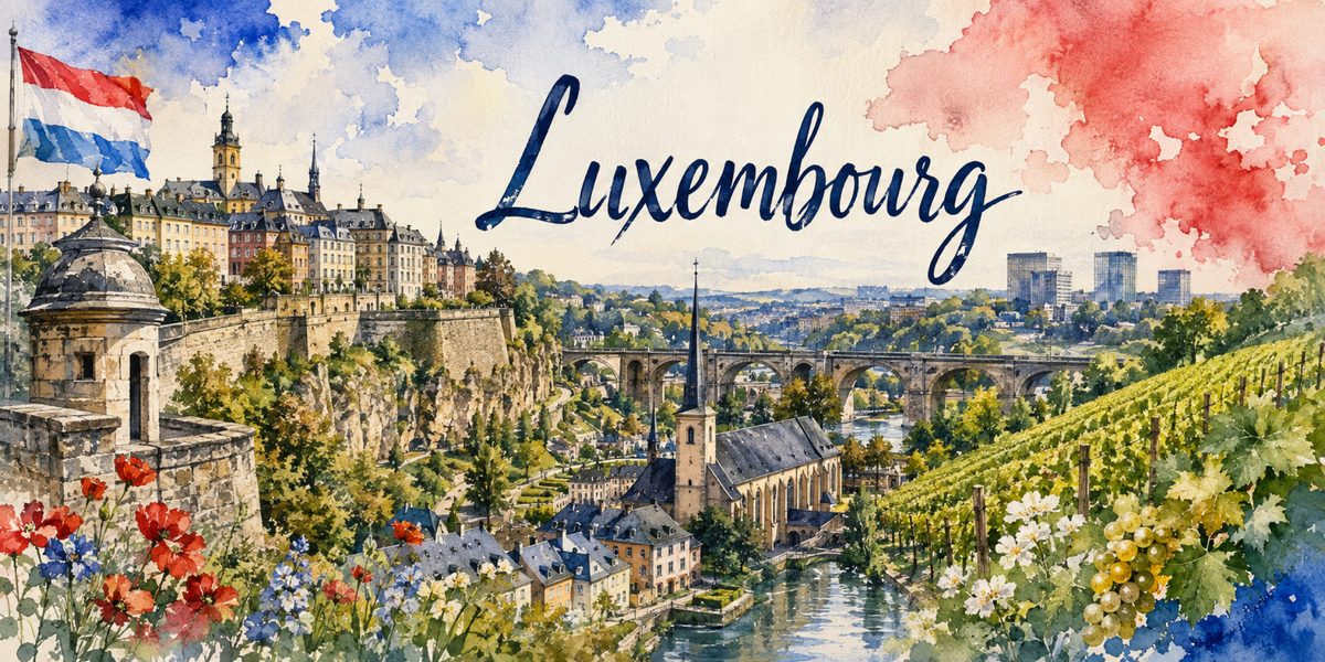 Visuel Luxembourg aquarelle : remparts du Bock sur l'Alzette, Notre-Dame et vignes en terrasses