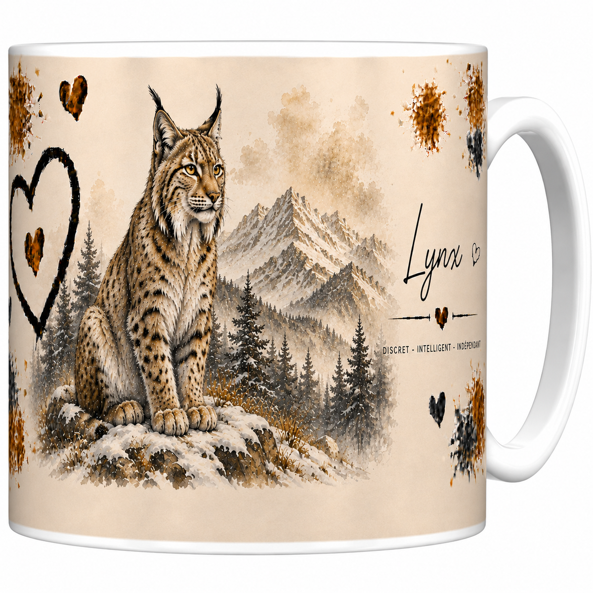 Mug céramique blanc Lynx « Discret, intelligent, indépendant » : lynx des montagnes enneigées, grand cœur