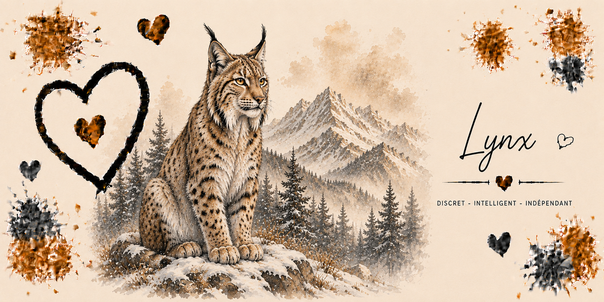 Design du mug Lynx : lynx assis devant sapins et sommets enneigés, aquarelle sépia, cœur noir et éclats dorés