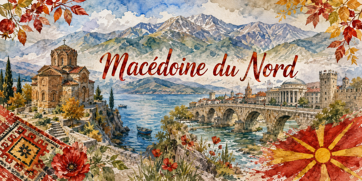 Visuel Macédoine du Nord aquarelle : église de Kaneo, lac d'Ohrid, pont de pierre de Skopje et tapis