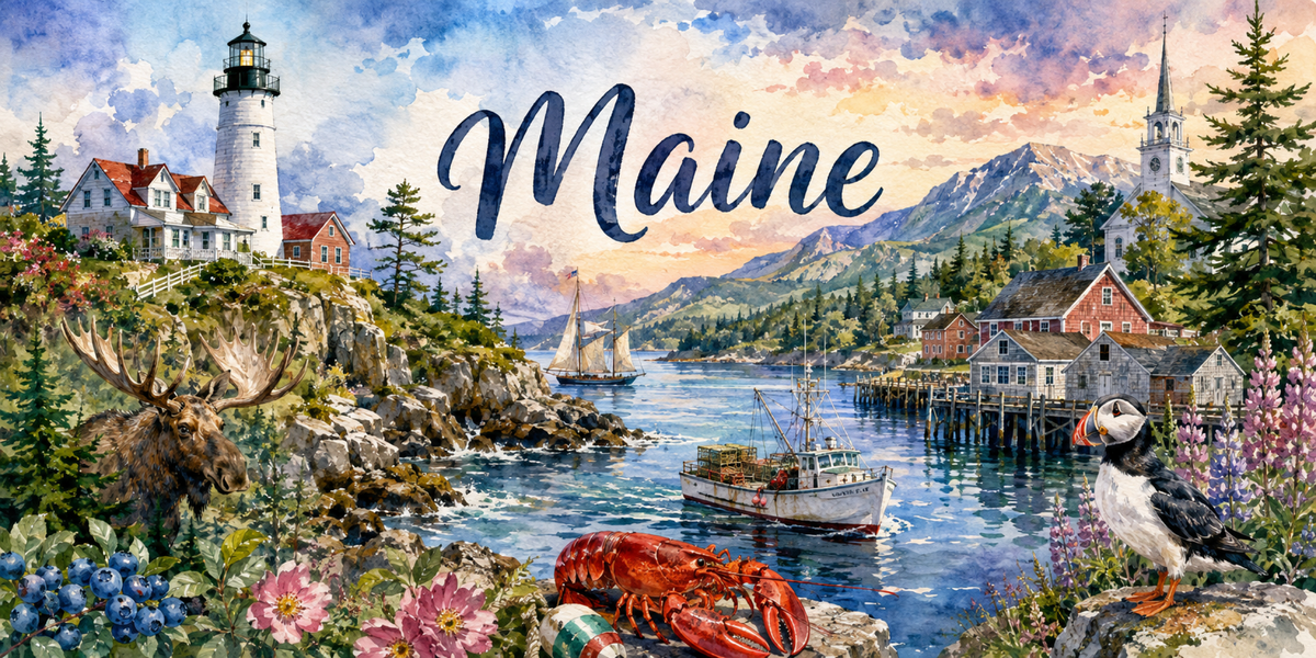 Visuel Maine aquarelle : phare à lanterne rouge, cabanes sur pilotis, homard, macareux et lupins