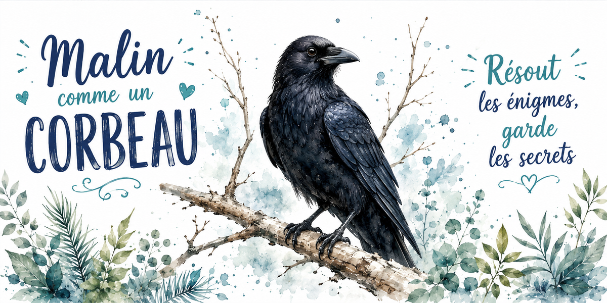 Corbeau sur une branche givrée à l'aquarelle : « Malin comme un corbeau. Résout les énigmes, garde les secrets »