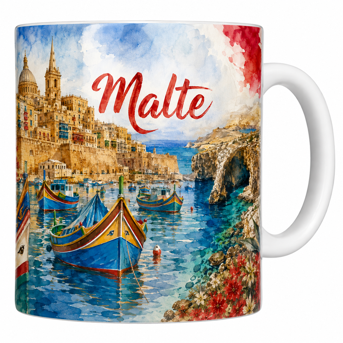 Mug céramique 330 ml Malte aquarelle : remparts dorés de La Valette, luzzu colorés et Blue Grotto