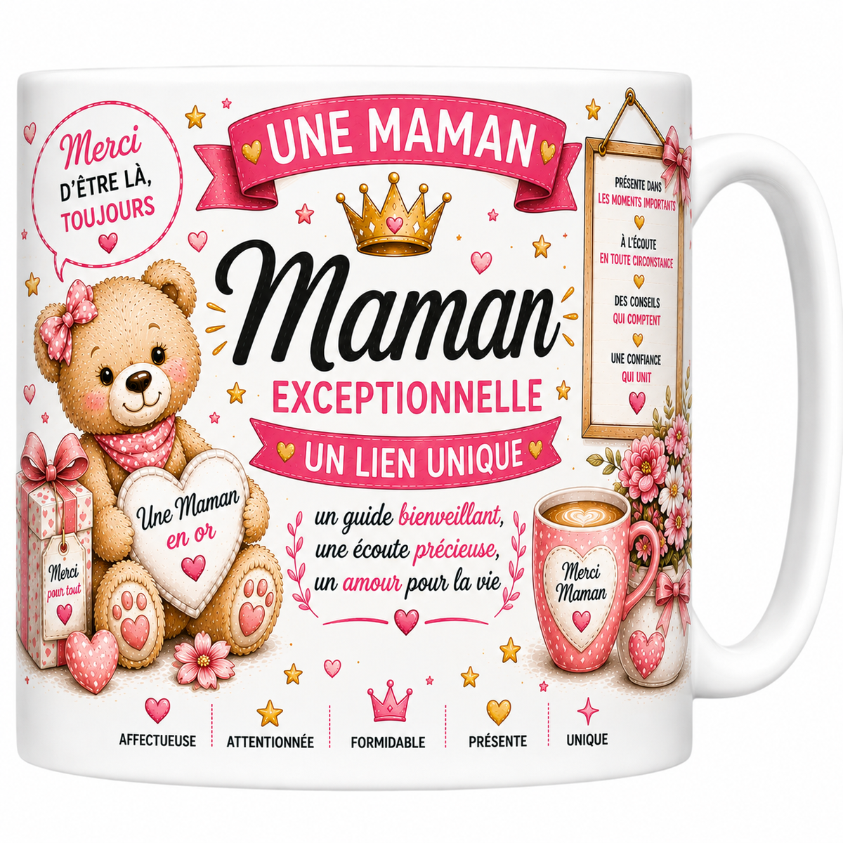 Mug céramique 330 ml « Une maman exceptionnelle, un lien unique » : ourson, roses et cadre rose