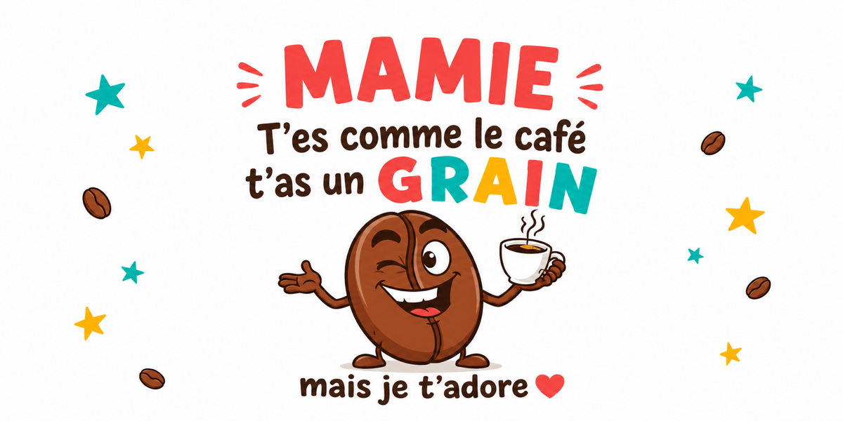 Visuel Mamie humour : MAMIE en lettres corail, grain de café à la tasse, étoiles et grains