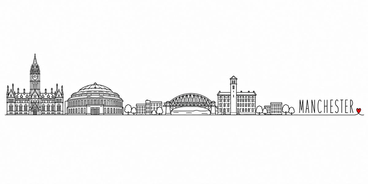 Skyline de Manchester dessiné au trait noir continu, de gauche à droite : l'hôtel de ville néogothique et sa tour-horloge, la bibliothèque ronde à coupole et sa colonnade, les immeubles et les arbres, le pont ferroviaire en treillis, l'ancienne filature de brique et sa tour, les maisons basses et les arbres — avec le nom MANCHESTER en capitales espacées et un petit cœur rouge