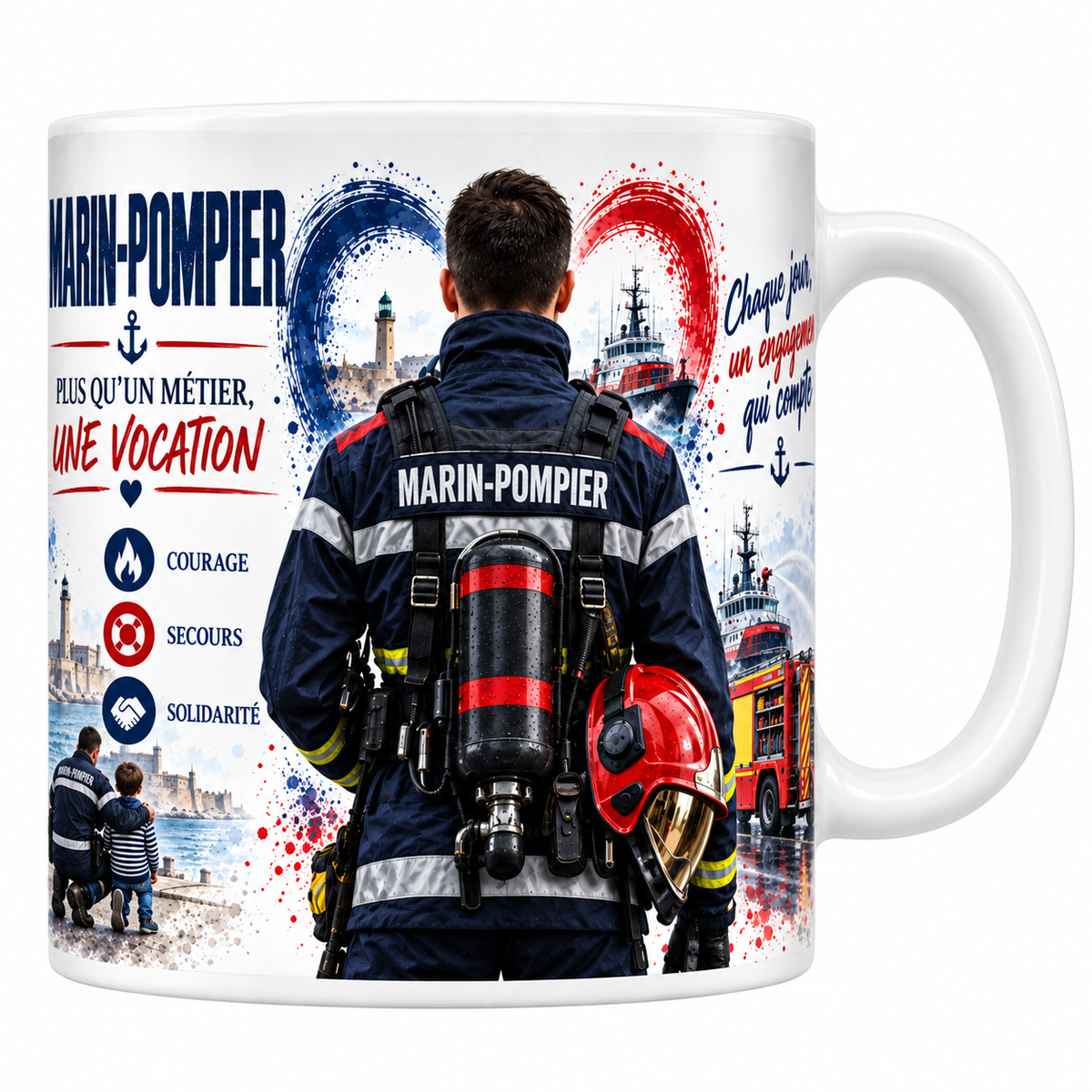Mug céramique 330 ml « Marin-pompier, plus qu'un métier une vocation » : illustration aquarelle rouge et bleue d'un marin-pompier de dos avec appareil respiratoire