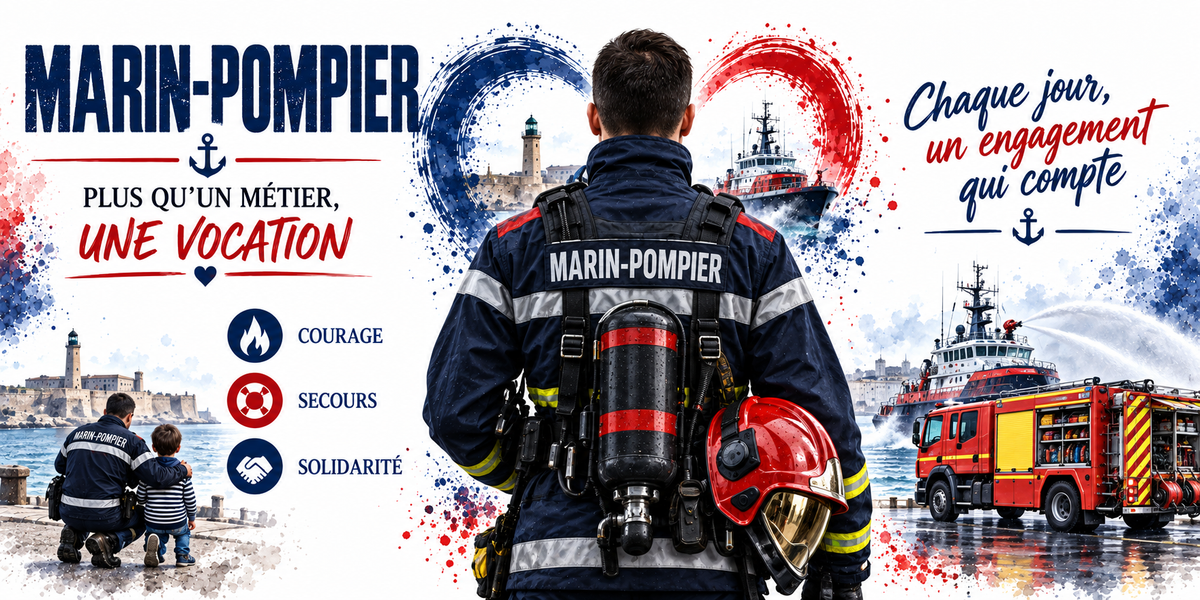 Visuel « Marin-pompier, chaque jour un engagement qui compte » : marin-pompier de dos avec appareil respiratoire et casque rouge, phare, remorqueur incendie et fourgon
