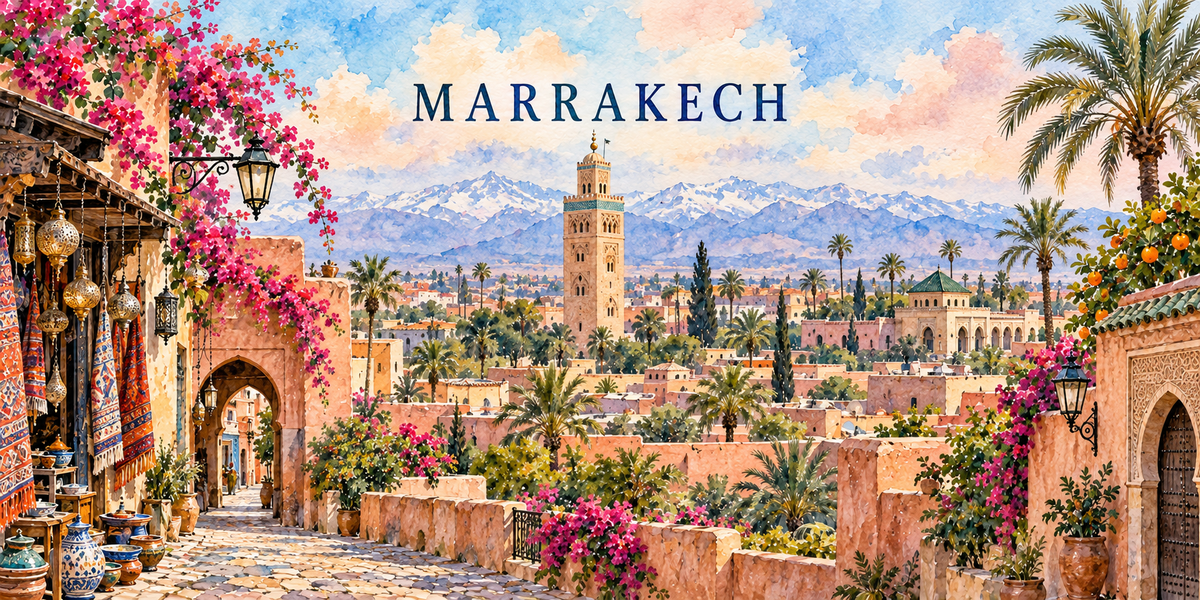 Illustration aquarelle de Marrakech : l'échoppe de tapis et de lanternes, l'arche de la porte, les bougainvillées, les murs de pisé ocre, les palmiers, le minaret de la Koutoubia et l'Atlas enneigé.