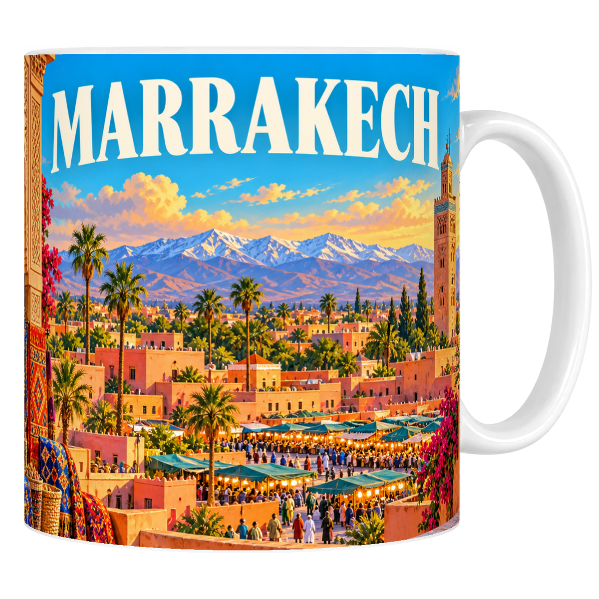 Mug céramique 330 ml « MARRAKECH » : minaret de la Koutoubia, lanternes du souk et Atlas enneigé