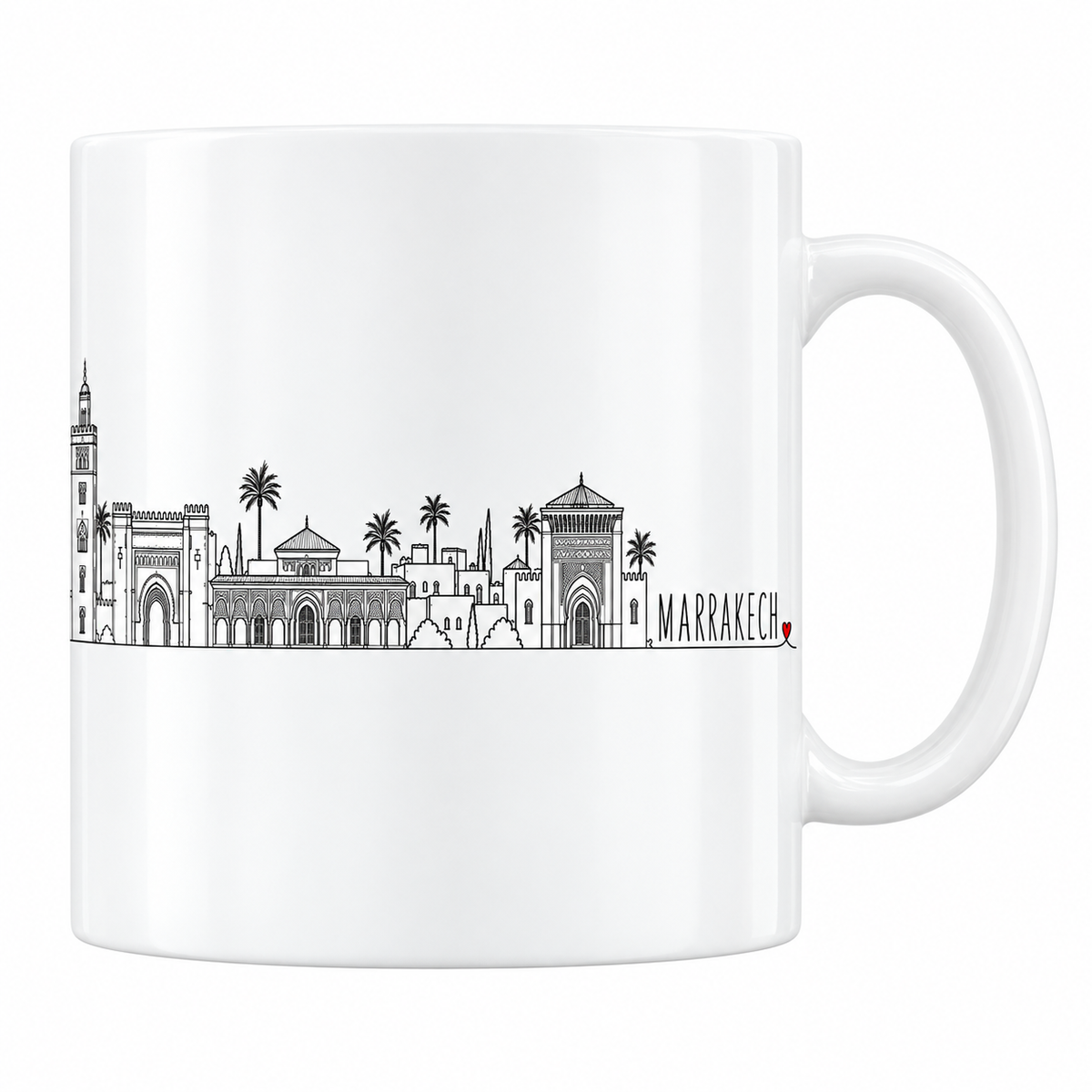 Mug blanc en céramique 330 ml illustré du skyline de Marrakech au trait noir : minaret de la Koutoubia, Bab Agnaou, palmiers et remparts