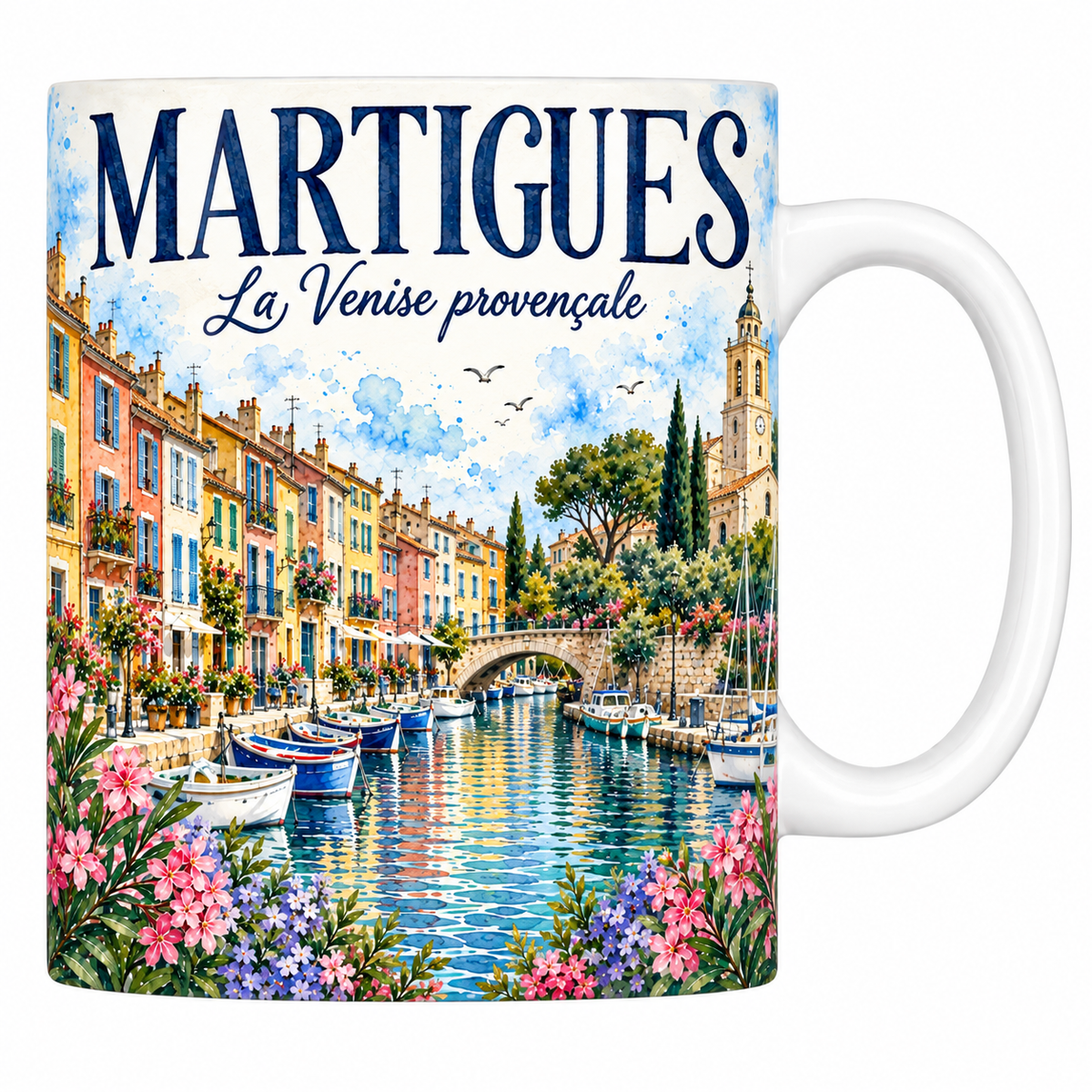 Mug céramique 330 ml Martigues : le miroir aux Oiseaux et ses façades colorées en aquarelle