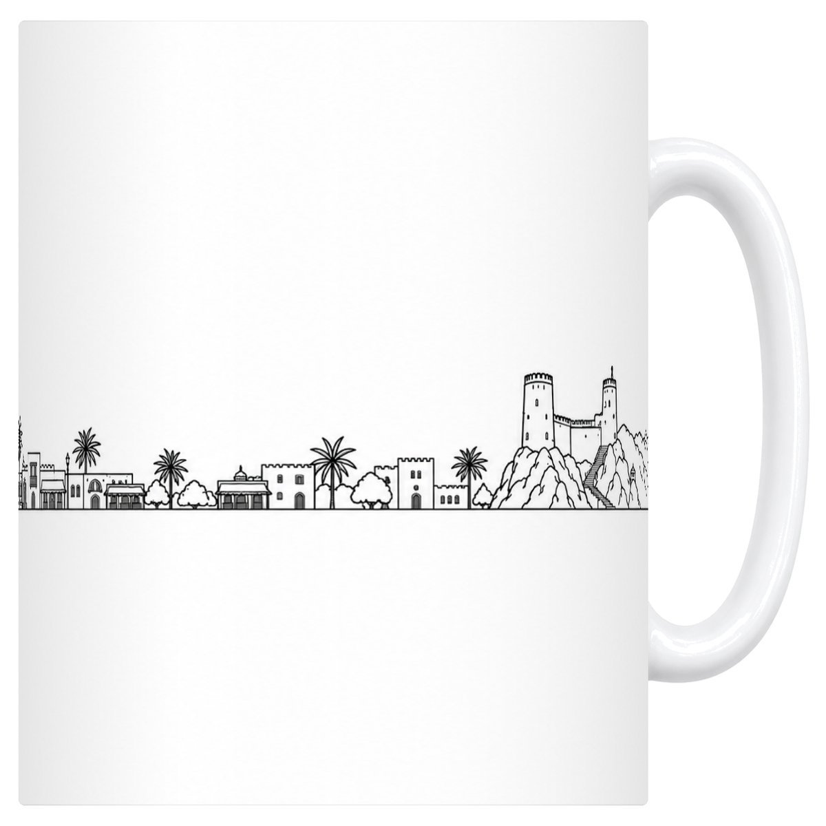 Mug blanc en céramique 330 ml illustré du skyline de Mascate au trait noir : les forts accrochés aux rochers, les maisons blanches de la vieille ville et les montagnes