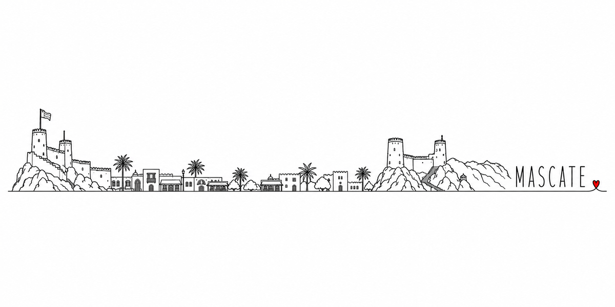 Skyline de Mascate dessiné au trait noir continu, de gauche à droite : le fort et son drapeau sur les rochers, les palmiers, les maisons blanches de la vieille ville et leurs terrasses, la petite mosquée à coupole, le second fort à deux tours sur son piton et les montagnes du fond — avec le nom MASCATE en capitales espacées et un petit cœur rouge