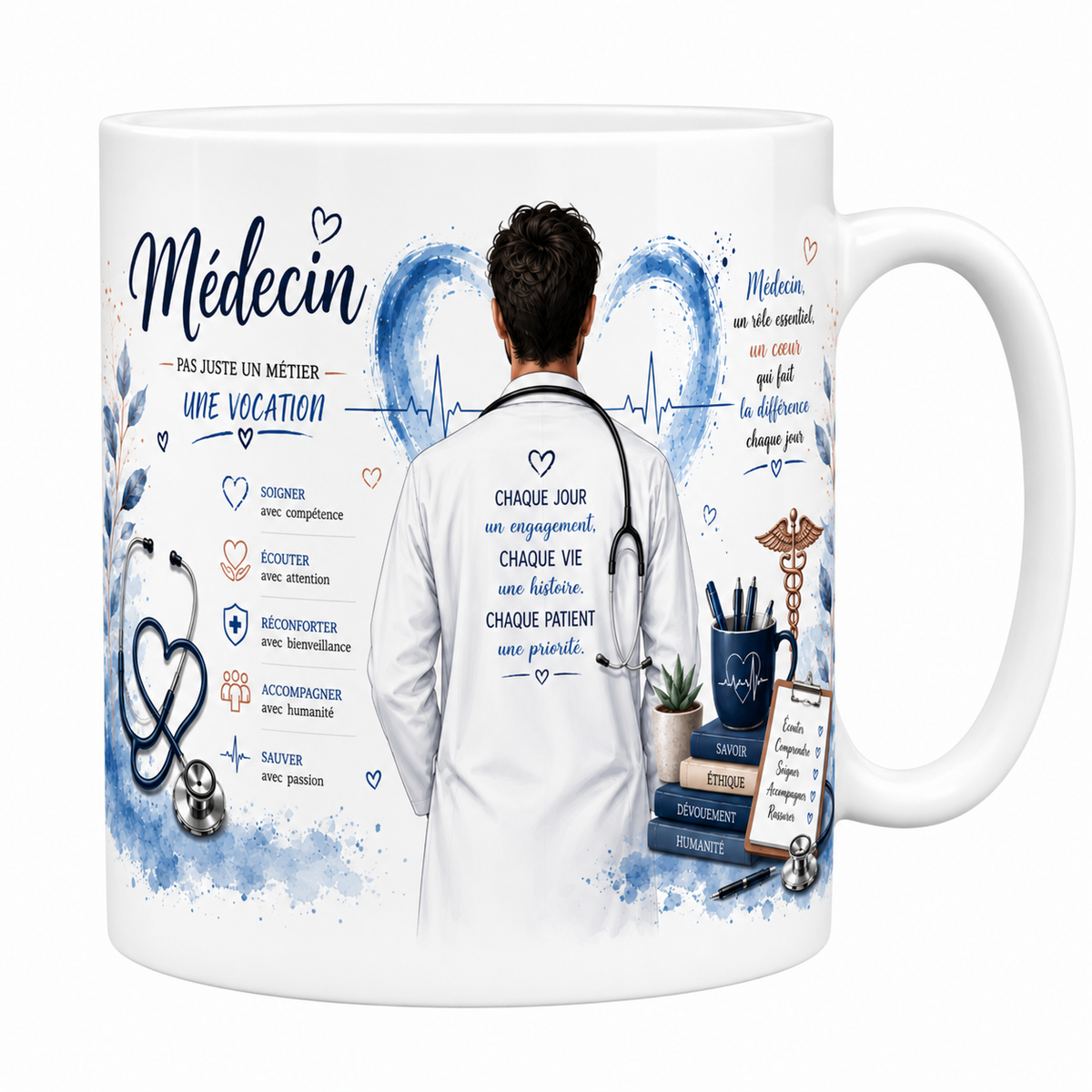 Mug médecin 330 ml, médecin de dos en blouse blanche avec stéthoscope et cœur bleu aquarelle