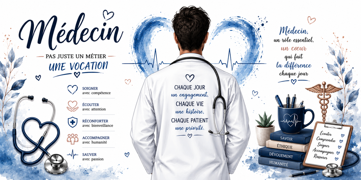 Visuel médecin : pas juste un métier une vocation, soigner, sauver, caducée et livres Savoir Éthique