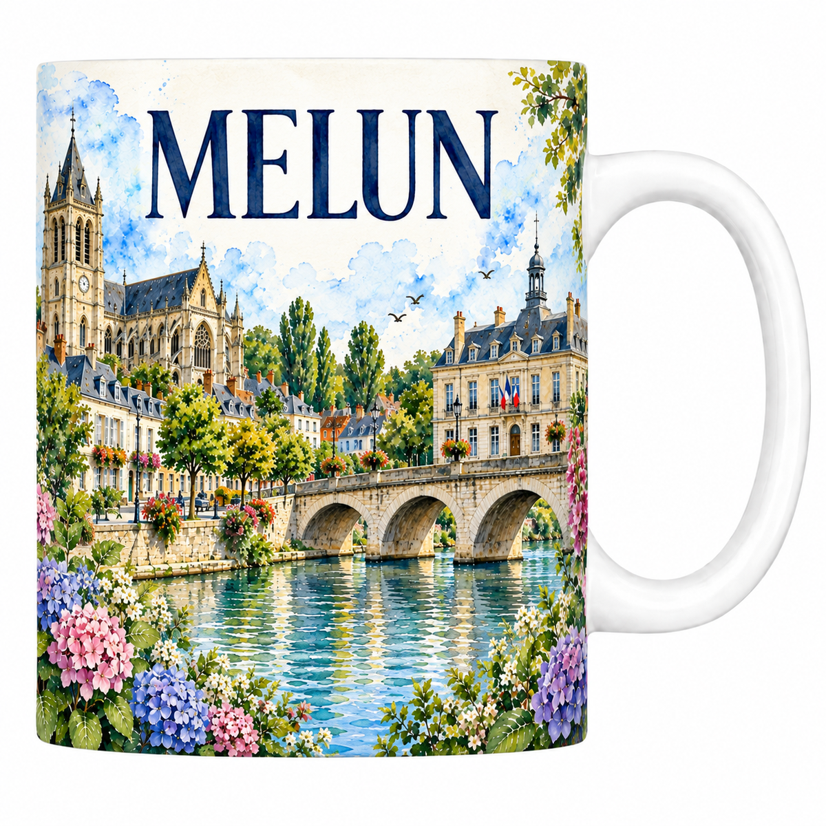 Mug céramique 330 ml Melun : la collégiale et le pont sur la Seine en aquarelle